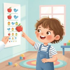 image 3 - A child happily undergoing a vision test using picture cards.