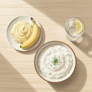 image 3 - 'A neat child’s meal tray with soft white porridge and mashed bananas'