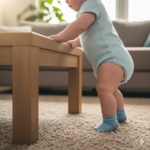 Image 1 - A baby cautiously standing up by holding onto a wooden coffee table