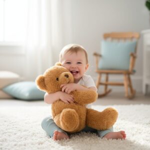[image 3 - A happy toddler hugging a soft teddy bear instead of using a pacifier]