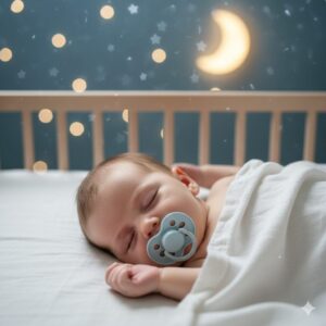 [image 2 - A baby sleeping soundly with a pacifier, surrounded by soft, glowing stars]