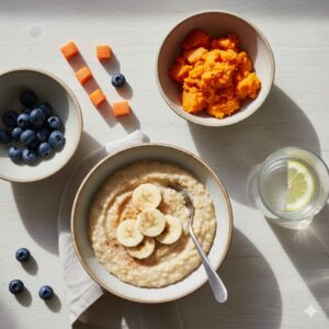 image 2 - A beautifully arranged table with various healthy baby meals including purees and soft fruits