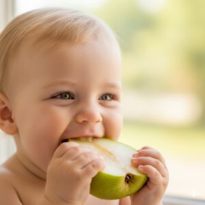 image 1 - A happy baby smiling while eating colorful fruit pieces