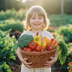 image 1 - A healthy, smiling child holding a basket of fresh, colorful vegetables under warm, natural sunlight.
