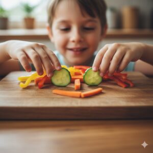 image 2 - A child happily participating in a "kitchen play" session, touching and arranging colorful, raw vegetables.