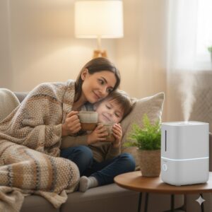 image 3 - A peaceful scene of a parent and child sitting together, sharing a warm mug of herbal tea in a cozy living room.
