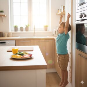 image 1 - A happy child being measured against a wall height chart with a nutritious meal nearby