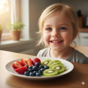 image 1 - A happy child sitting in front of a colorful plate of fresh fruits and vegetables, smiling brightly.