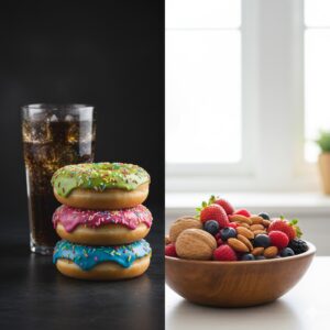 image 2 - A contrast between sugary donuts and sodas versus a bowl of fresh nuts and berries.
