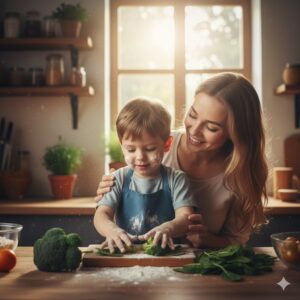 image 3 - A parent and child in the kitchen, joyfully preparing a meal together with flour and fresh vegetables.