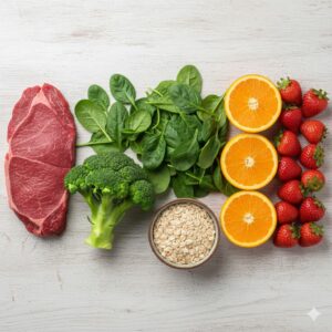 image 2 - A variety of iron-rich ingredients like beef and spinach placed next to Vitamin C rich fruits like oranges and strawberries