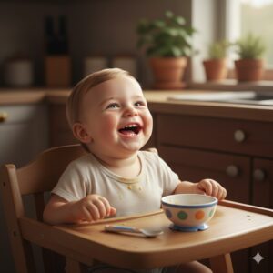 image 3 - A happy, healthy baby with rosy cheeks smiling after a nutritious meal