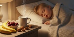 image 1 - A peaceful child sleeping soundly in a cozy, dimly lit bedroom with a basket of fresh fruits nearby
