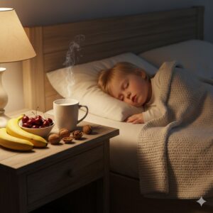 image 1 - A peaceful child sleeping soundly in a cozy, dimly lit bedroom with a basket of fresh fruits nearby