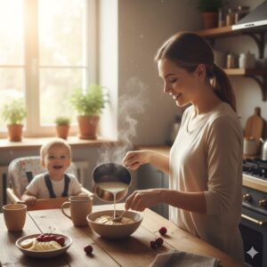 image 2 - A parent preparing a warm, healthy evening snack with oatmeal and sliced bananas in a sunny kitchen