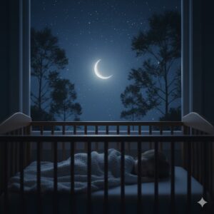 image 4 - A calm, moonlit night seen through a nursery window with a child tucked in and sleeping peacefully