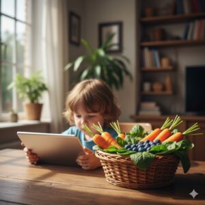 image 1 - A child looking at a smartphone with a basket of vibrant, fresh vegetables and fruits nearby, symbolizing the balance between technology and nutrition.