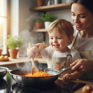 image 3 - A joyful scene of a parent and child cooking together, specifically sautéing carrots in a pan, highlighting the bond and the healthy habit.