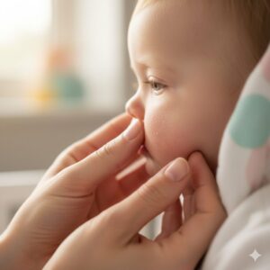 image 1 - A parent's gentle hand checking a baby's dry skin with care and concern