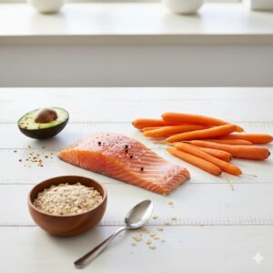 image 2 - A healthy spread featuring fresh salmon, avocado, carrots, and oats
