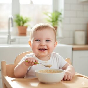 image 3 - A happy baby enjoying a bowl of soft oat puree