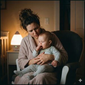 Image 1 - A concerned parent holding a coughing baby in a dimly lit nursery