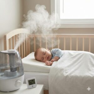Image 2 - A baby sleeping soundly on a slightly inclined mattress with a humidifier nearby