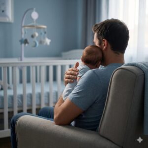 Image 2 - A father calmly patting a baby's back in a dimly lit nursery
