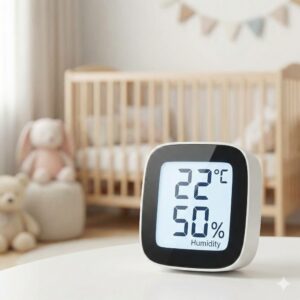 Image 3 - A room thermometer showing a cool 21 degrees Celsius in a tidy nursery