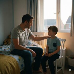 image 4 - A father sitting on the edge of a bed, talking quietly and seriously to his young son