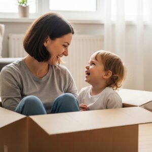 Image 2 - A parent and a toddler sitting on the floor with a simple cardboard box, looking at each other and laughing as they play.