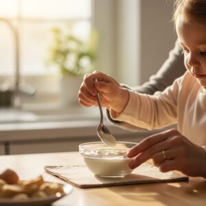 A variety of fresh fruits and vegetables next to high-quality liquid and powder supplements for children.