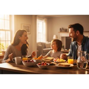 A child happily mixing a powder supplement into a bowl of yogurt with a parent's guidance.