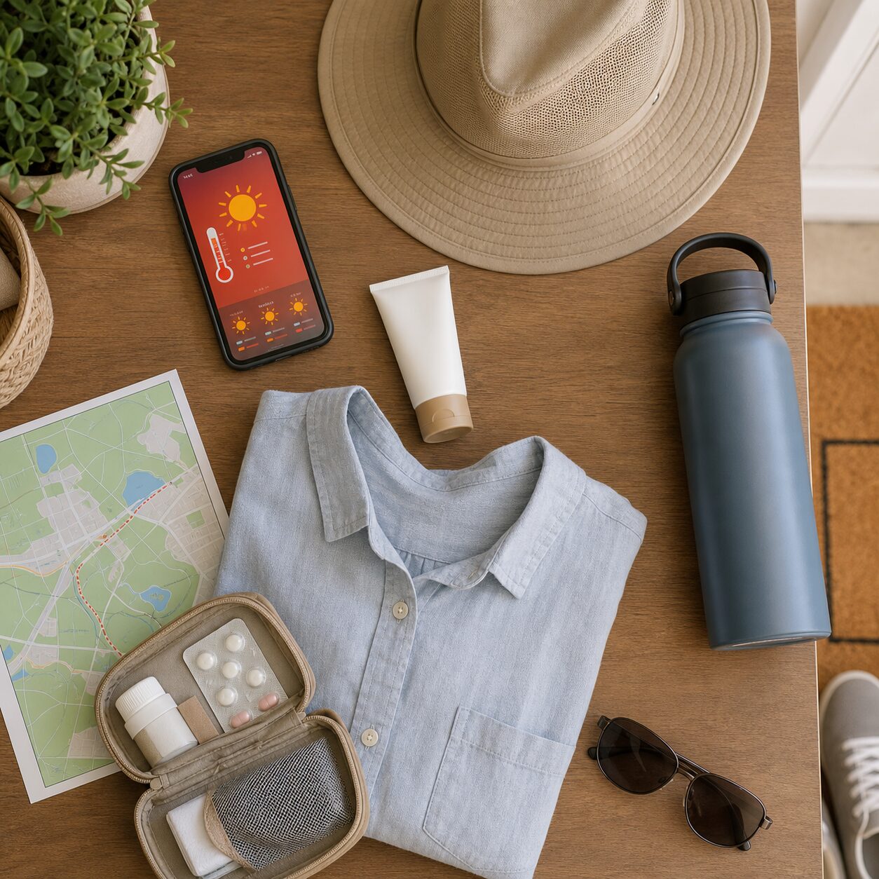 Heat-safe event packing checklist with water, hat, sunscreen and weather alert