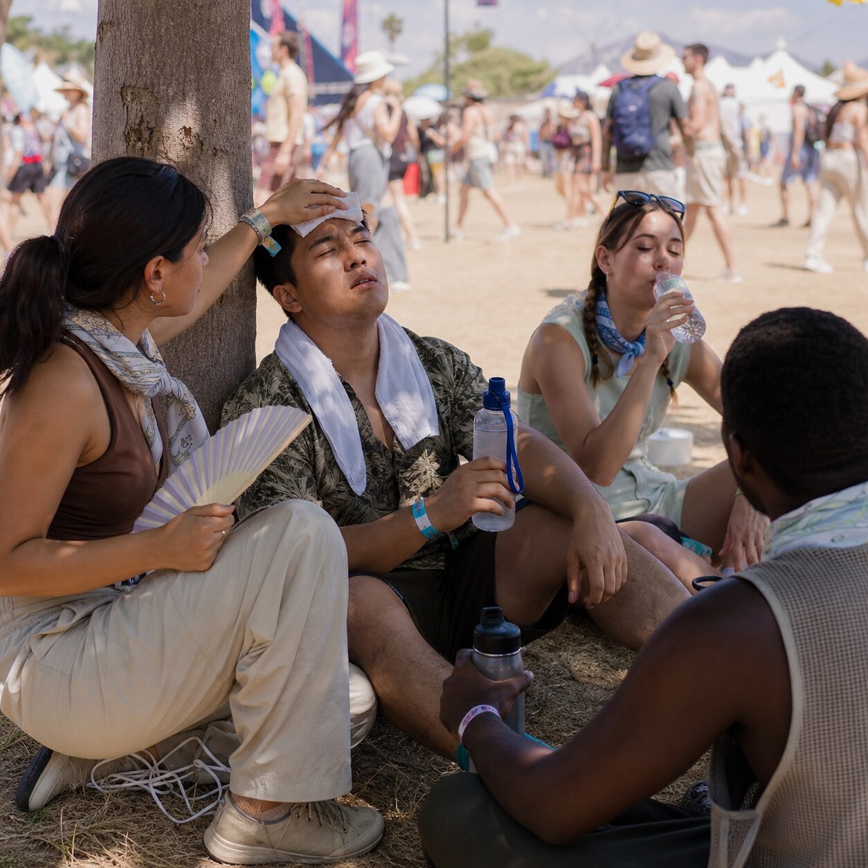 Friends cooling down and hydrating together in shade at an outdoor event