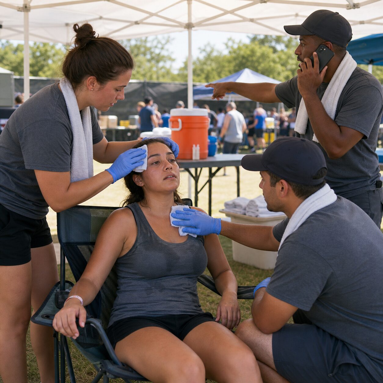 Event first-aid staff cooling an overheated attendee and calling for help