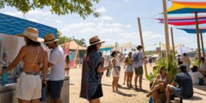 Outdoor festival visitors using shade and a water refill station during hot weather