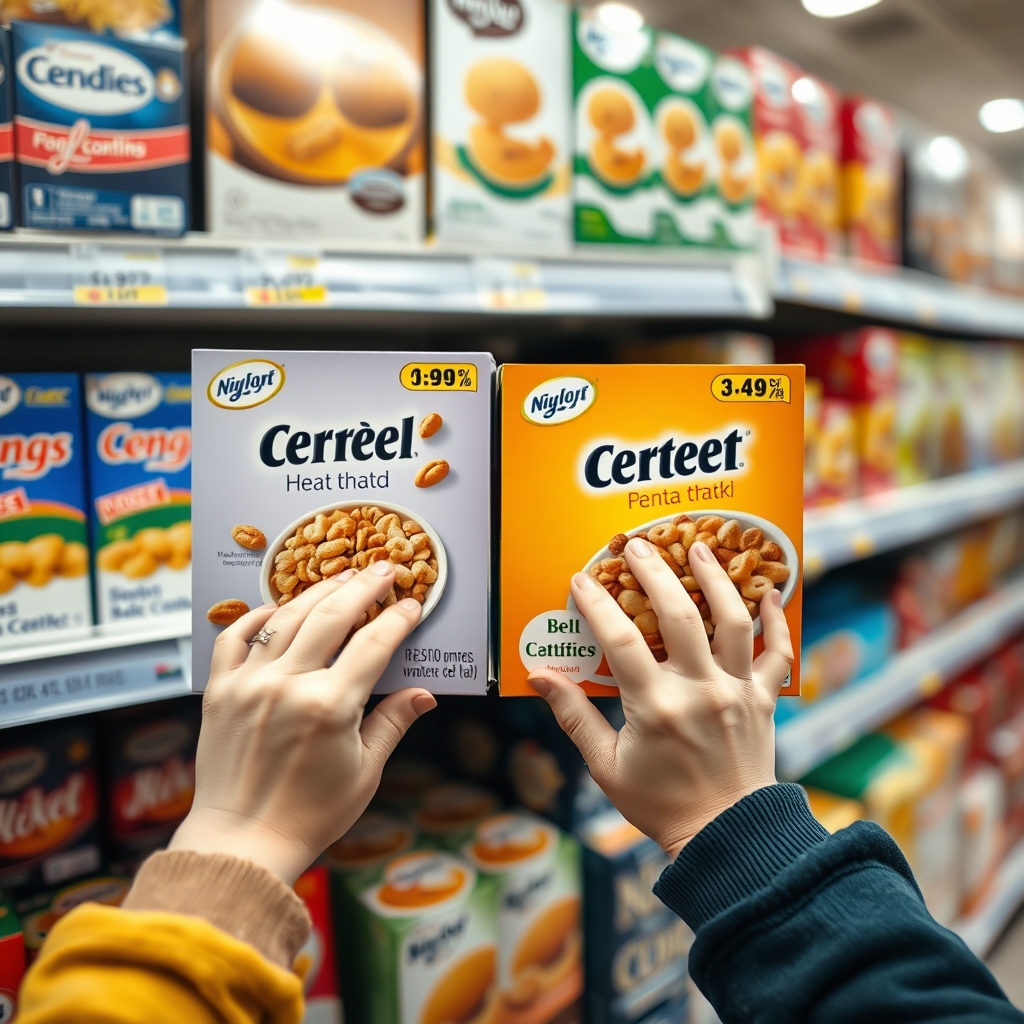 Child comparing cereal boxes in a grocery store.