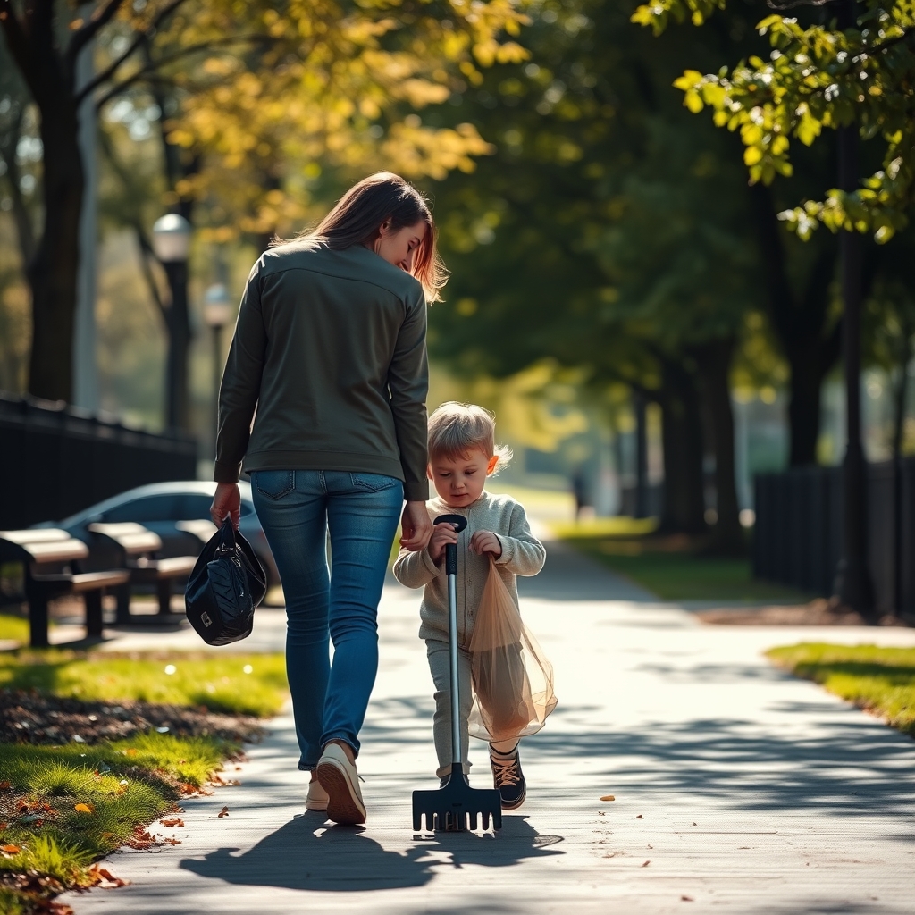 A parent and child participating in a micro-volunteering park cleanup.