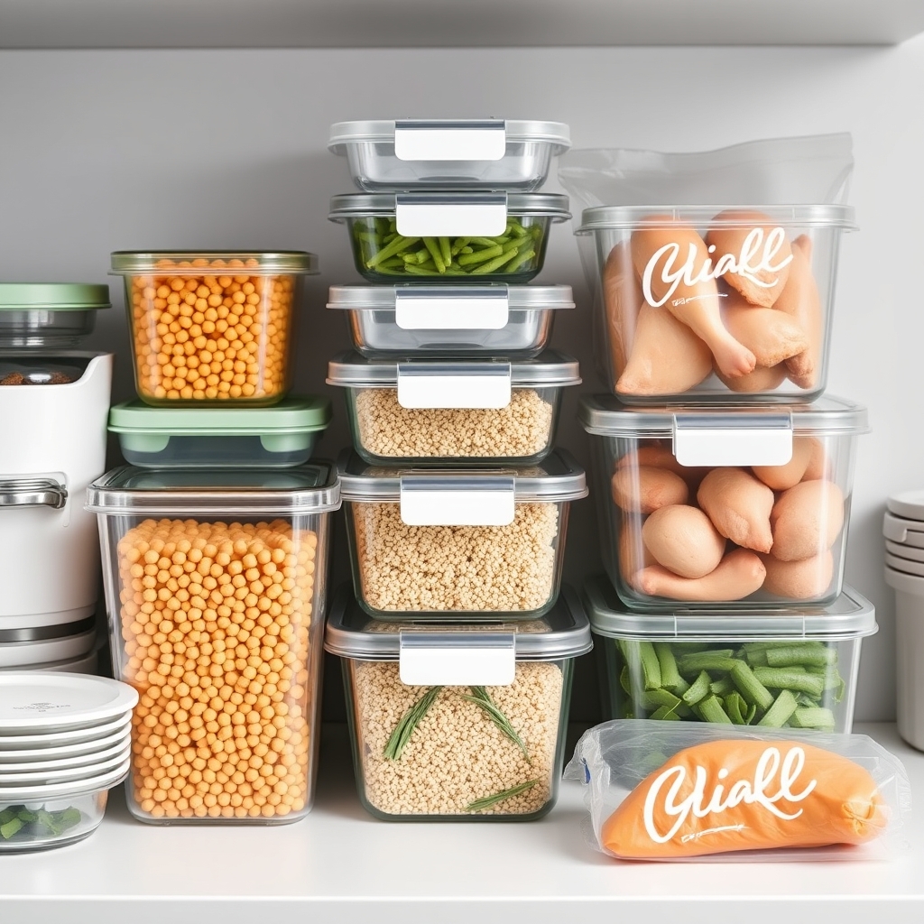 Meal prep station with glass containers and fresh protein-rich ingredients.