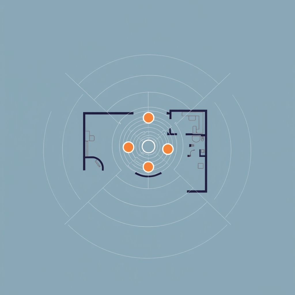 A floor plan illustration showing how mesh Wi-Fi nodes provide blanket coverage.