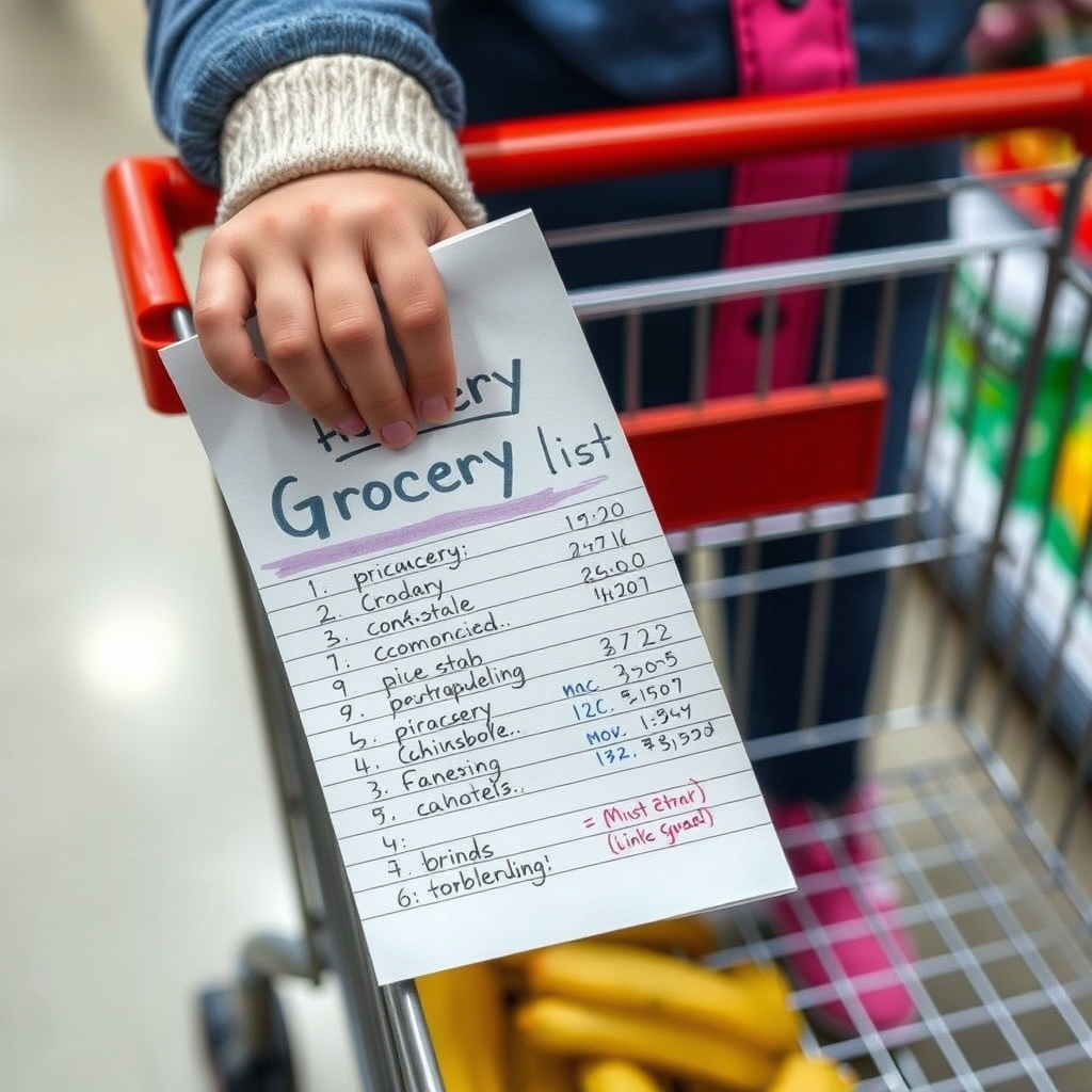 Child holding a handwritten grocery list.