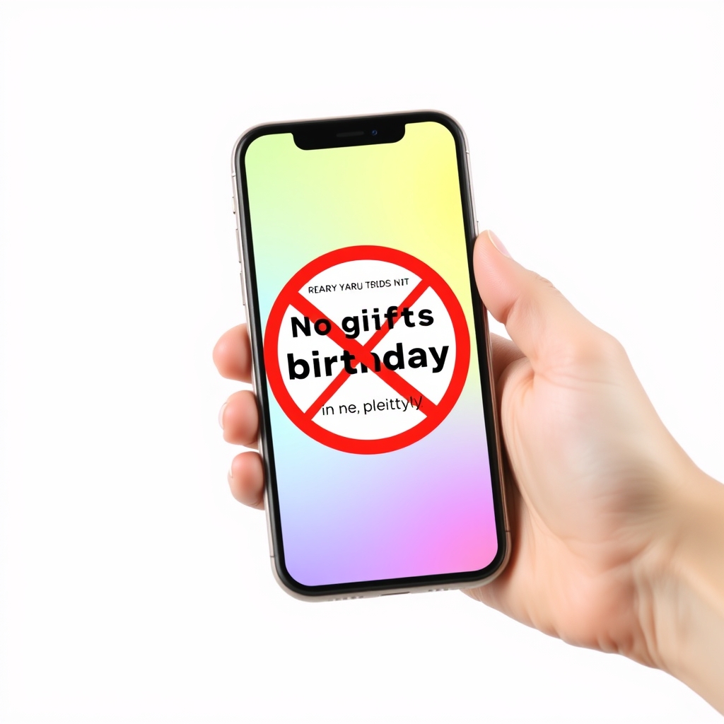 A smartphone screen displaying a polite, modern birthday invitation with gift guidelines.