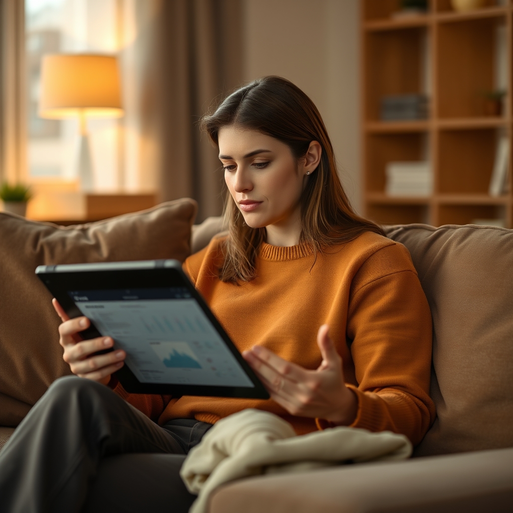 A parent reviewing health data on a tablet in a cozy home environment.