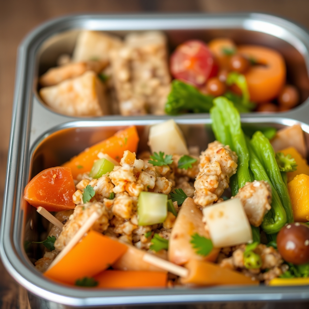 A balanced school lunch inside a stainless steel bento box.