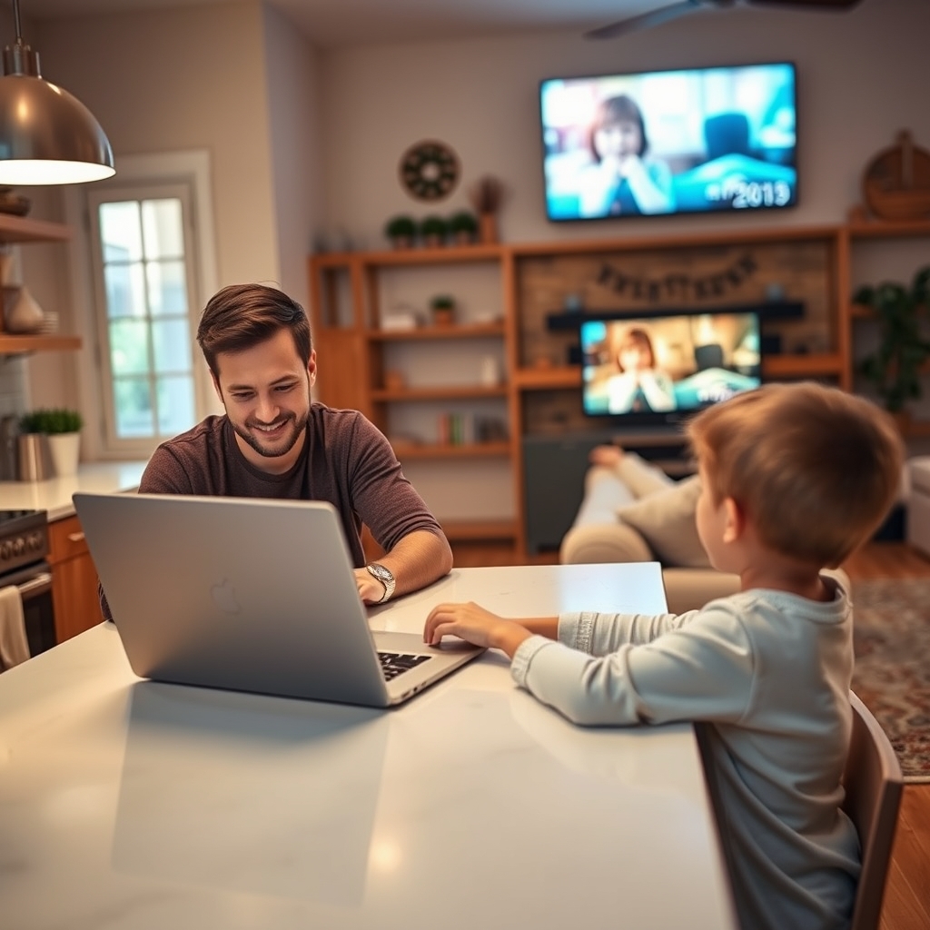 A parent and child using multiple devices simultaneously in a home environment.
