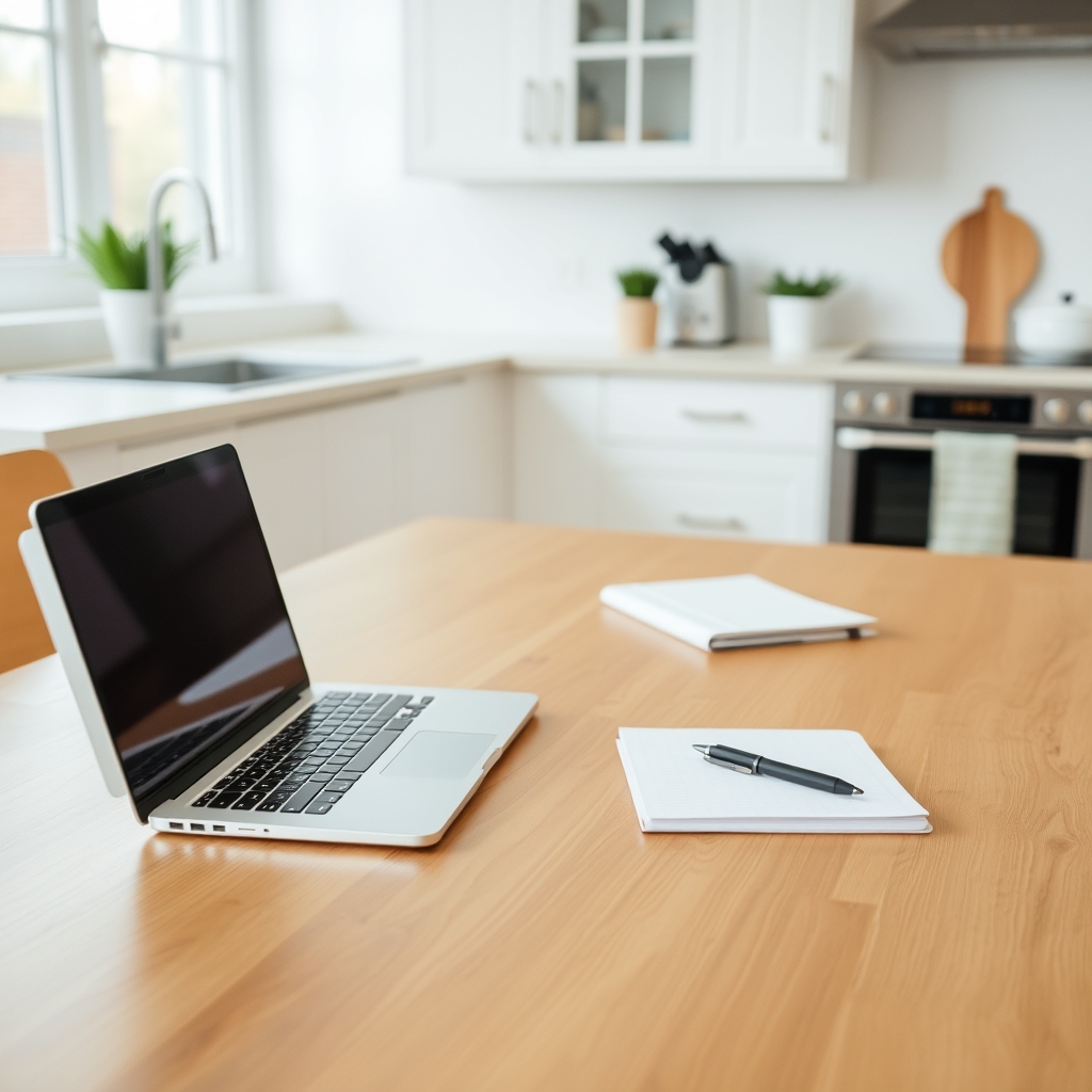 A laptop on a kitchen table, representing the balance of home life and financial organization.