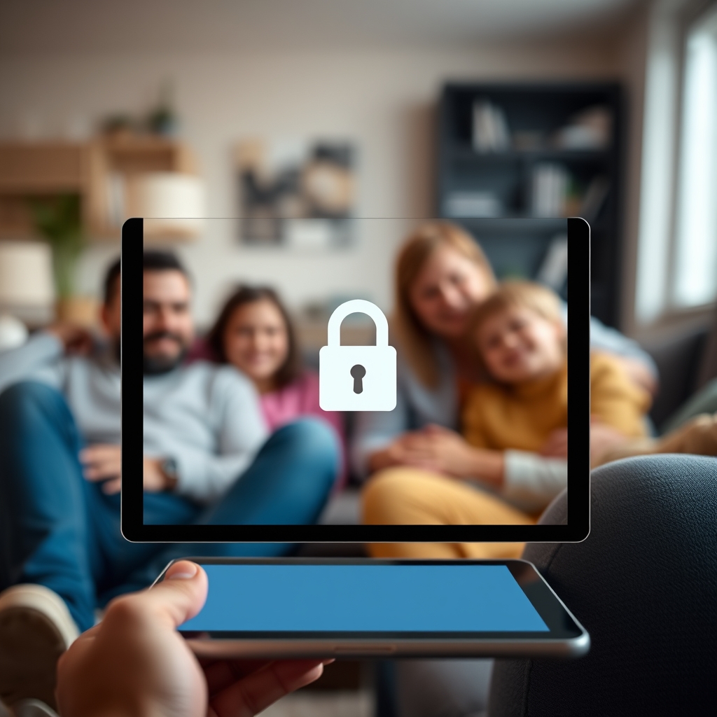 A digital tablet displaying a security lock icon in a family home.