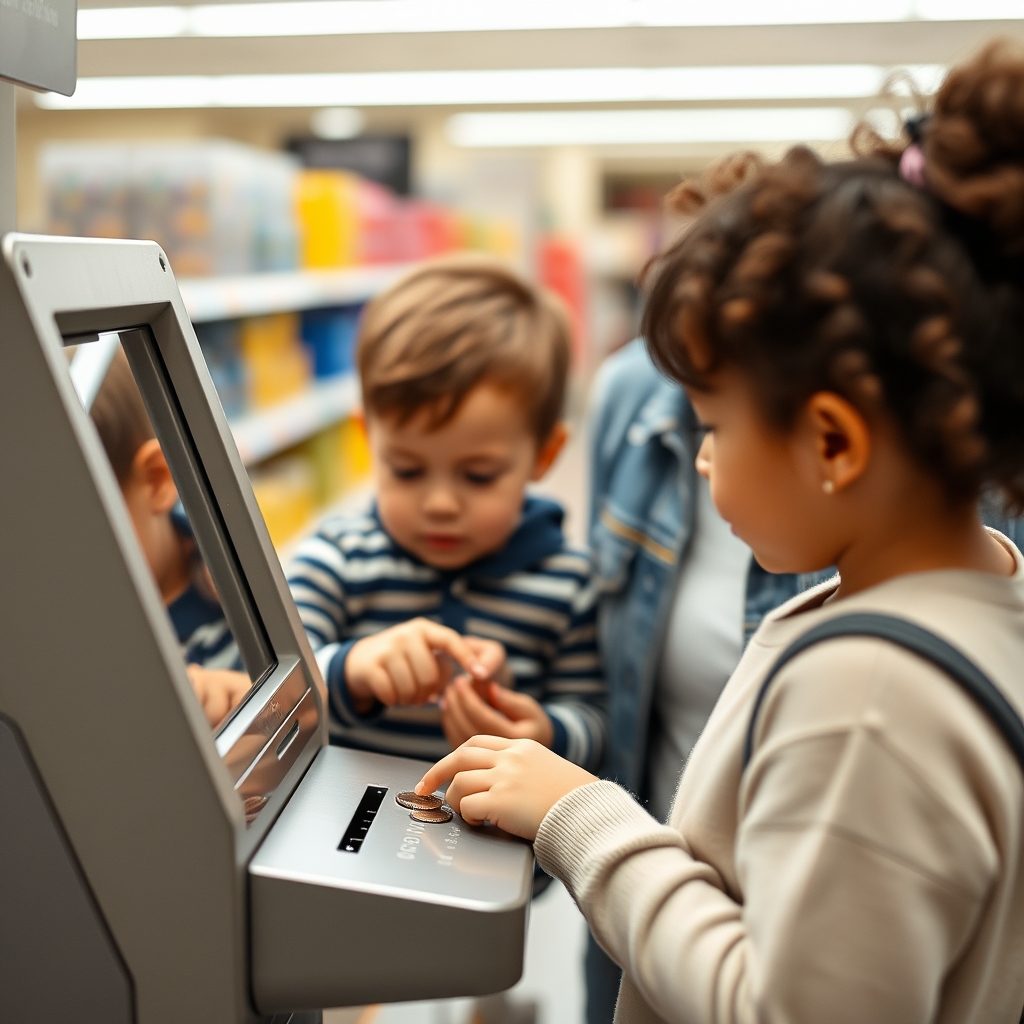 Parent and child using a self-checkout machine together.