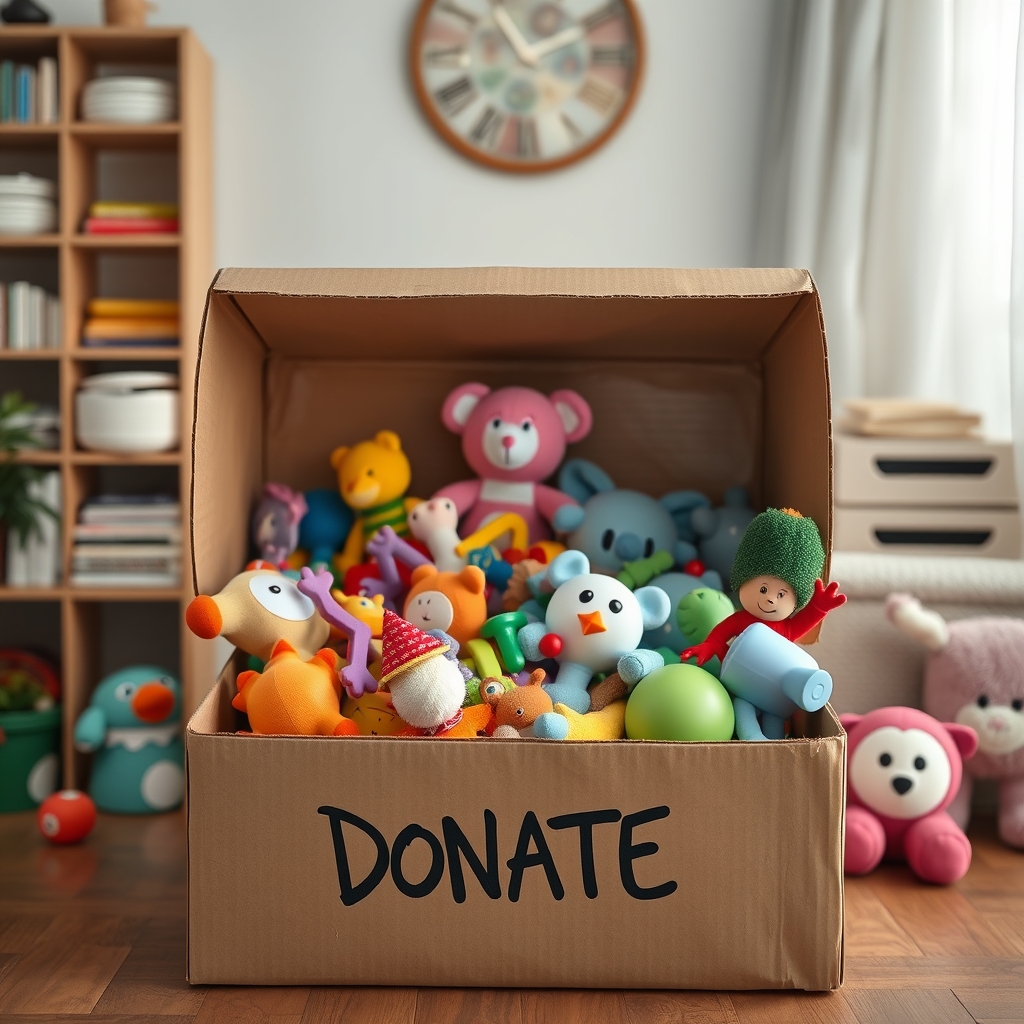 A donation box representing the process of decluttering and passing on unused toys.